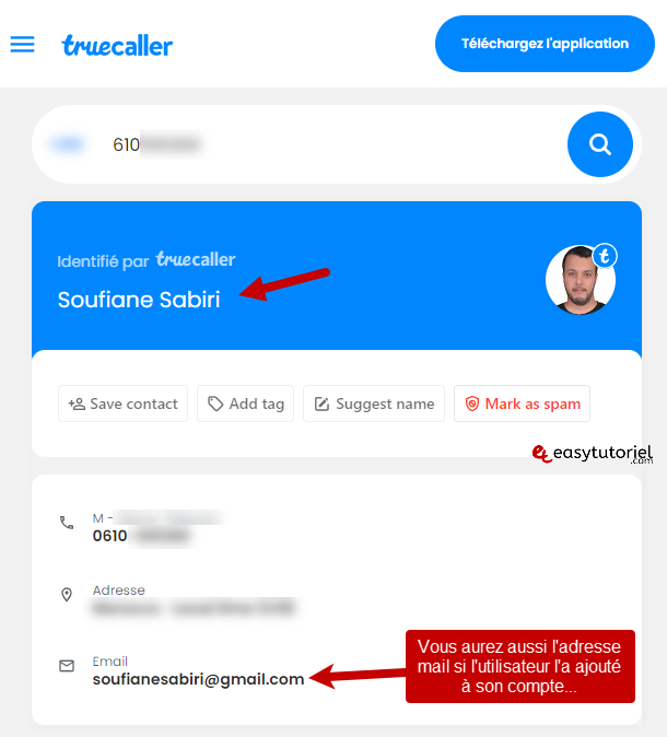 numéro de téléphone du propriétaire 7 identifié par truecaller