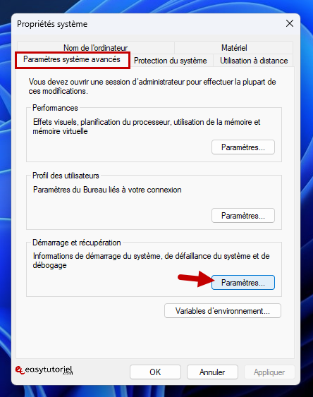 paramètres de démarrage et de récupération