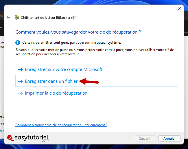 chiffrer clé USB disque dur Windows 11 bitlocker 4 enregistrer dans un fichier