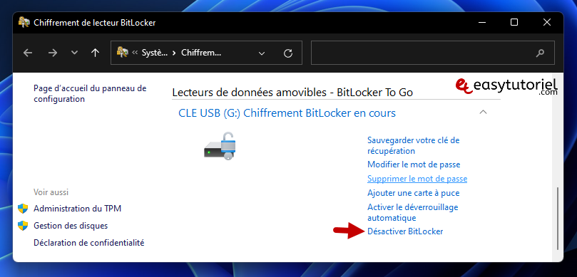 chiffrer clé USB disque dur Windows 11 bitlocker 11 désactiver bitlocker