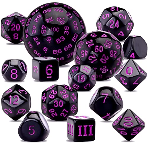 SIQUK 15 pièces D3-D100 jeu de dés polyédriques jeu de dés polyédriques pour RPG DND, noir et violet