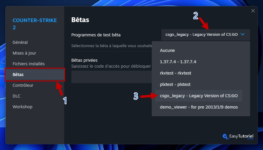 bêtas csgo démo héritage steam