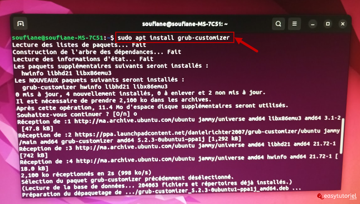 Ubuntu Dual Boot Windows 11 40 Sudo apt installer le personnalisateur de terminal Grub