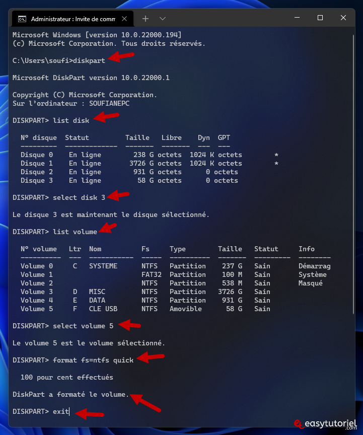 Fichier USB volumineux 16 DiskPart CMD