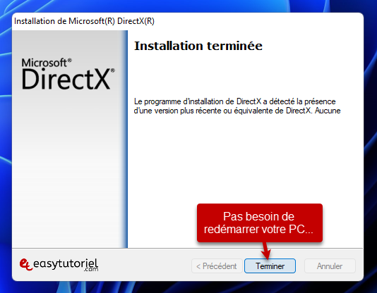 Erreur de retraite 0xc00007b Solution logicielle Windows 9 Installation DirectX finie