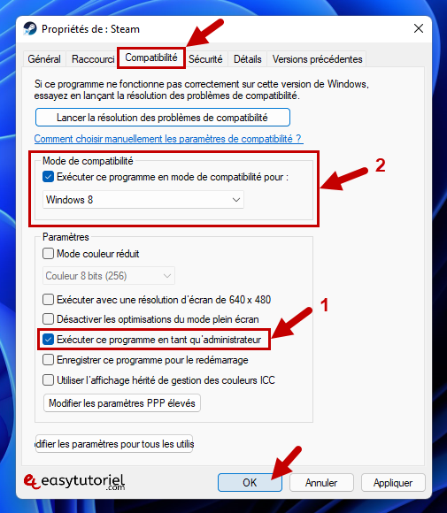 Erreur Reveraato 0xc00007b Solution logicielle Windows 13 Mode de compatibilité Exécution en tant qu'administrateur