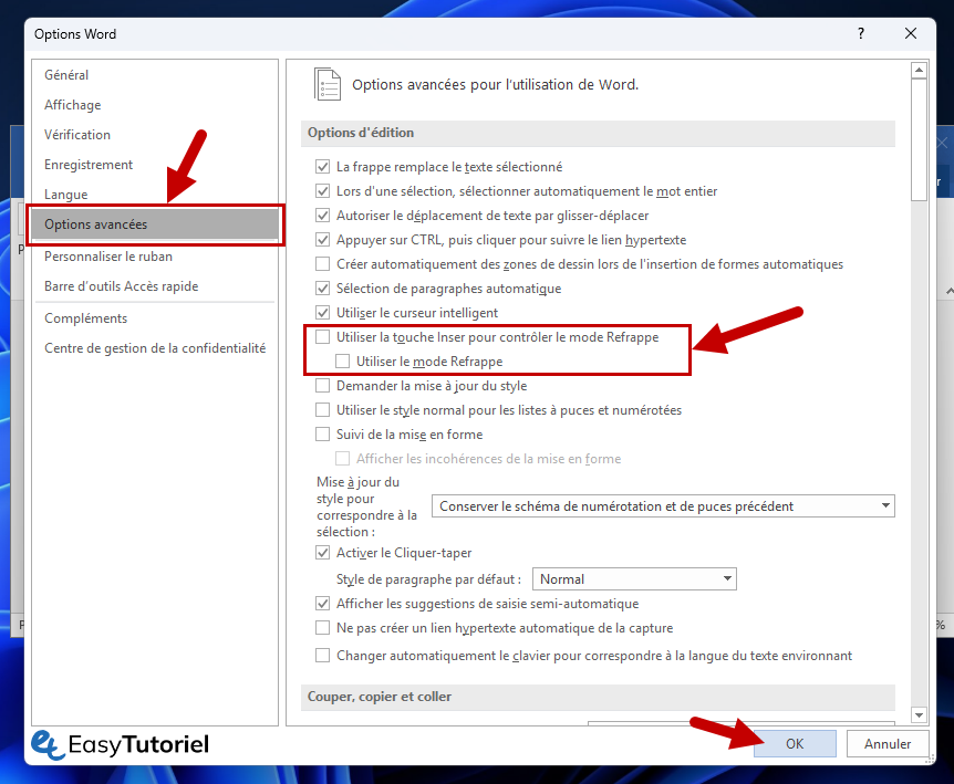Les options de mots avancent pour utiliser l'insert
