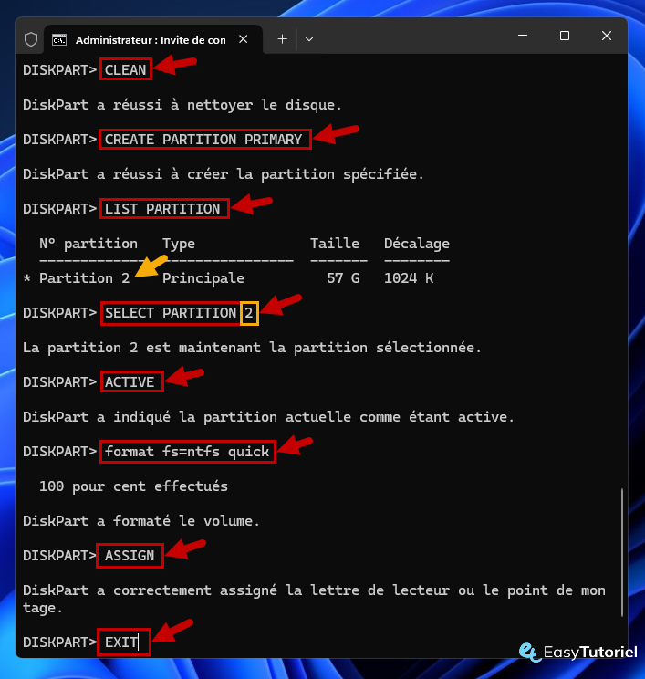 USB Formatage CLE diskpart Windows 5 Nettoyer Créer une partition de partition primaire partition NTFS