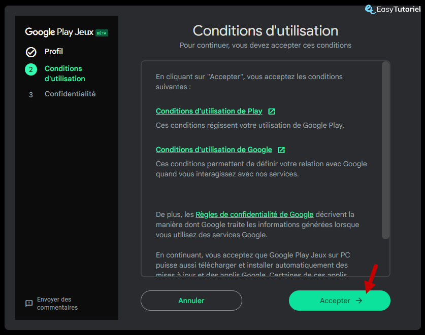 Accepter les conditions d'utilisation