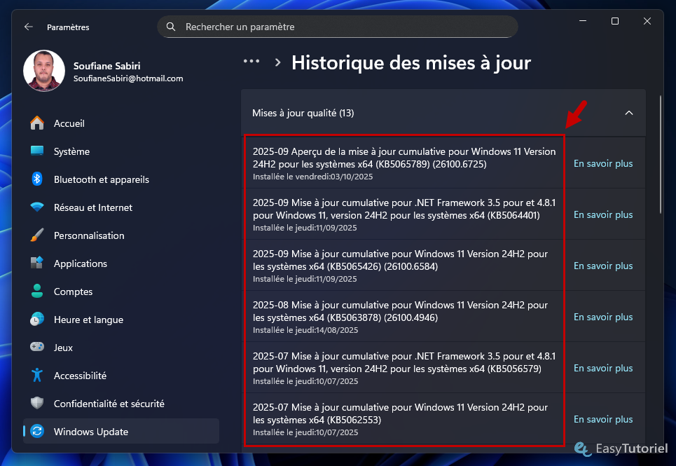 Mettre à jour l'historique