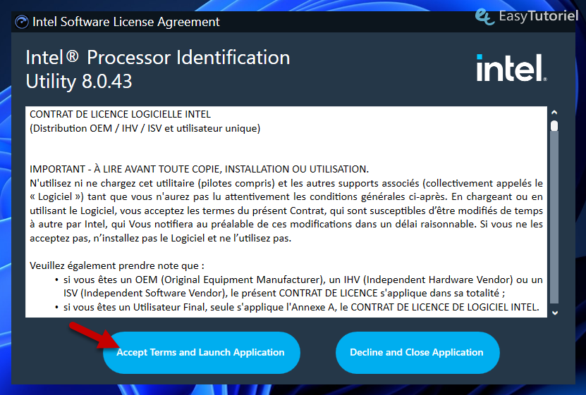 accepter les termes de la licence d'identification de processeur Intel