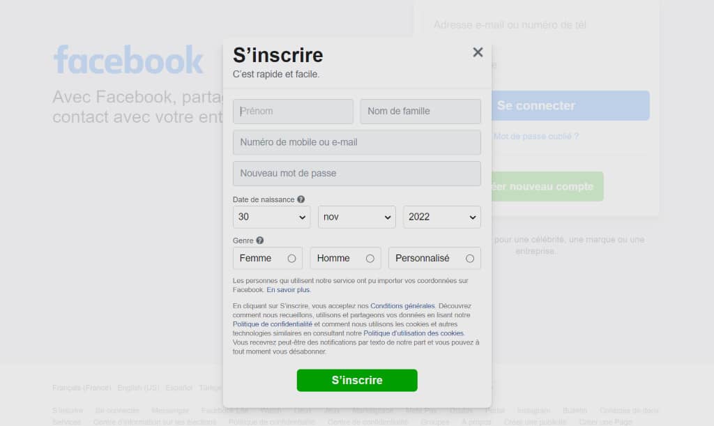 formulaire d'inscription facebook