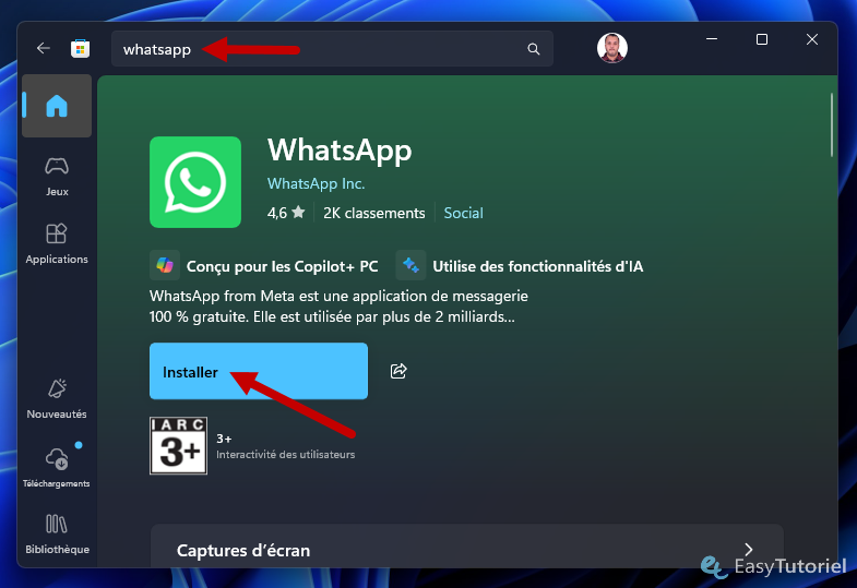 rechercher installer WhatsApp MS Store